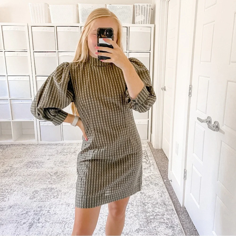 GANNI Seersucker Check Mini Dress Kalamata